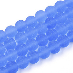 Royal Blue Transparent Glass Beads Strands, Frosted, Round, Royal Blue, 8~8.5mm, Hole: 1.5mm, about 51~53pcs/strand, 14.96 inch~15.55 inch(38~39.7cm)