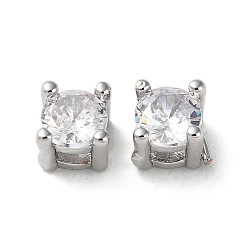 Platinum Brass Micro Pave Cubic Zirconia Slide Charms, Cadmium Free & Nickel Free & Lead Free, Square, Platinum, 4x4x4mm, Hole: 2x1mm