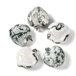 Tree Agate Natural Tree Agate Pendants, Heart Charms, with 304 Stainless Steel Snap on Bails, Stainless Steel Color, 32~33x30x14~15mm, Hole: 7.5x4mm