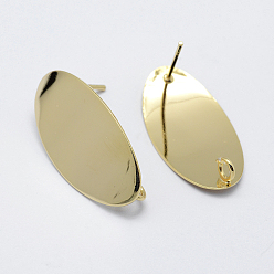 Real 18K Gold Plated Brass Stud Earring Findings, with Loop, Long-Lasting Plated, Real 18K Gold Plated, Nickel Free, Oval, 26x13.5x0.5mm, Hole: 2mm, Pin: 1mm