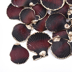 Brown Spray Paint & Electroplate Sea Shell Pendants, with Iron Findings, Light Gold, Brown, 40~61x36~54x3~10mm, Hole: 2mm