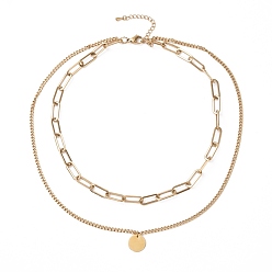 Golden PVD Vacuum Plating 304 Stainless Steel Double Chains Multi Layered Necklace with Flat Round Charms for Women, Golden, 16.34 inch(41.5cm)