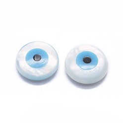 White Shell Cabochons, with Synthetic Turquoise, Flat Round with Evil Eye, White, 8x2.5mm