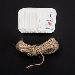 Bird Oval Paper Gift Tags, Hang Tags, with Jute Twine, for Wedding Party Decorate, Bird & Birdcage Pattern, 5x2.5x0.25cm, Hole: 3mm, 50pcs/bag