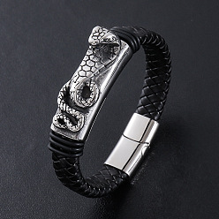 Античный Серебристый & Цвет Нержавеющей Стали Браслеты из плетеного шнура из искусственной кожи в стиле панк, 304 Браслеты из нержавеющей стали с подвесками в виде змеи для мужчин, с магнитной застежкой, старинное серебро и цвет нержавеющей стали, 8.27 дюйм (21 см)