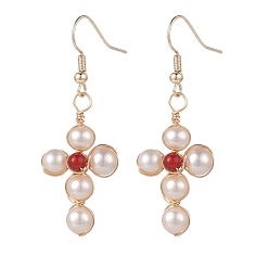 Red Agate Natural Shell & Red Agate Braided Cross Dangle Earrings, Gold Plated Brass Wire Wrap Jewelry for Women, 50mm, Pin: 0.6mm
