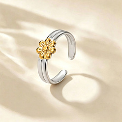 Golden & Stainless Steel Color 304 Stainless Steel Cuff Open Rings for Women, Flower, Golden & Stainless Steel Color, US Size 4 1/4(15mm)~20mm