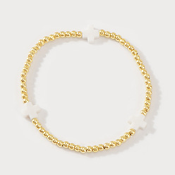 Белый Латунные эластичные браслеты с круглыми бусинами, украшения из смолы крест для женщин, белые, 7-7/8 дюйм (20 см), внутренний диаметр: 6-7/8 дюйм (17.5 см)