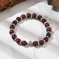 Темно-Красный Комплекты браслетов из круглых бусин, имитирующих окрашенное бирманское дерево, для мужчин и женщин, крестик, с бусинами сплава, темно-красный, внутренний диаметр: 2-1/8 дюйм (5.3 см)