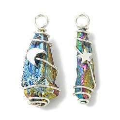 Серебро 2шт. подвески из гальванизированной натуральной кварцевой хрустали, обернутые медной проволокой, подвески-слезинки с латунной звездой и луной, серебряные, 28~37x9.5~15.5x7.5~16 мм, отверстие : 3.5~4 мм