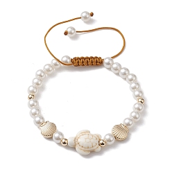 Turtle Регулируемый браслет из синтетической бирюзы и АБС-пластика с жемчужной оплеткой из бусин, черепаха, внутренний диаметр: 2~3-1/2 дюйм (5~9 см)