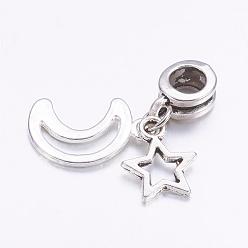 Antique Silver Tibetan Style Alloy European Dangle Charms, Star & Moon, Antique Silver, 29mm, Hole: 4.5mm