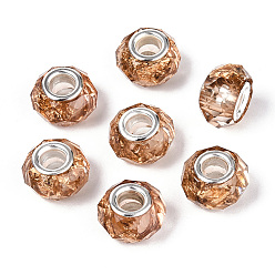 Верблюжий Прозрачные европейские бусины-рондель из смолы, с золотой фольгой и латунными двойными сердечниками серебристого тона, бусины с большим отверстием, верблюжие, 13.5~14x8.5~9 мм, отверстие : 4.8~5 мм
