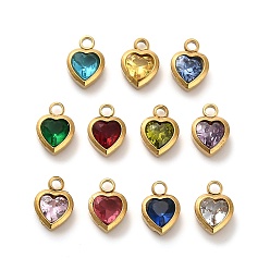 Настоящее золото 18K 304 из нержавеющей стали горный хрусталь подвески, сердце, ионное покрытие (ip), разноцветные, реальный 18 k позолоченный, 8x6x3 мм, отверстие : 1.5 мм