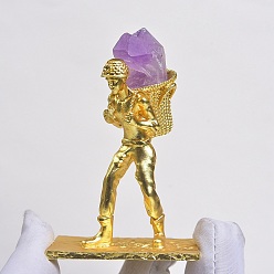 Amethyst Alloy Miner Ornaments with Raw Natural Amethyst, for Office Home Display Decorations, 52x75mm