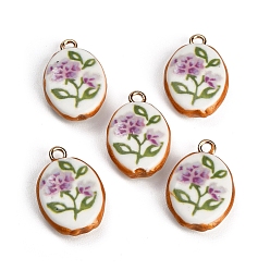 Medium Purple Printed Handmade Porcelain with Brass Pendants, Oval with Flower Charms, Golden, Medium Purple, 25.5~26x17.5x7.5mm, Hole: 2.5mm