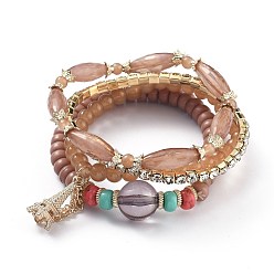 Bisque Alloy Rhinestone Cup Chain & Multi-layered Stretch Bracelets Sets, Stackable Bracelets, with Acrylic Beads, Golden Plated Alloy Findings, Eiffel Tower, Bisque, Inner Diameter: 2-1/8~2-3/8 inch(5.5~5.9cm), 4pcs/set