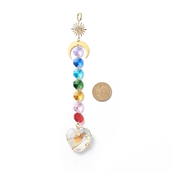 Heart Electroplate Octagon Glass Beaded Pendant Decorations, Suncatchers, Rainbow Maker, with 304 Stainless Steel Split Rings, Clear Faceted Glass Pendants, Heart Pattern, 198mm