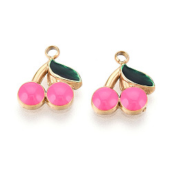 Ярко-Розовый 304 нержавеющей стальной эмали подвески, черри прелести, ионное покрытие (ip), реальный 18 k позолоченный, ярко-розовый, 11x10x2 мм, отверстие : 1.6 мм