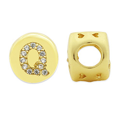 Letter Q Brass Micro Pave Clear Cubic Zirconia Beads, Flat Round with Letter, Letter.Q, 7.5x6.5mm, Hole: 3.5mm, 3pcs/bag