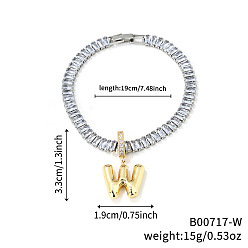 Letter W Модные латунные браслеты с подвесками, кубический цирконий теннисные браслеты для женщин, буквы, Буква W, 7-1/2 дюйм (19 см)
