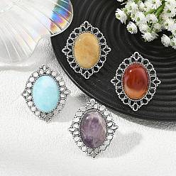Gemstone Кольца-манжеты с драгоценными камнями в форме кабошонов, овальные, с винтажными регулируемыми железными элементами в виде открытого кольца в форме цветка и оправой из сплава с кабошонами., широкая полоса кольца, античное серебро, размер США 7 1/4 (17.5 мм)
