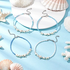 (52) Непрозрачная лаванда 4 шт. 4 цвета лето браслеты на ногу из натуральных ракушек и синтетического магнезита со звездами и стеклянными бусинами, с 316 хирургическими наконечниками из нержавеющей стали, цвет нержавеющей стали, разноцветные, 9-1/8 ~9-1/4 дюйм (230~235 мм), 1 шт / цвет