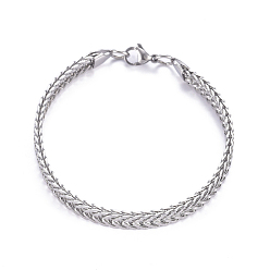 Stainless Steel Color Tarnish Resistant 304 Stainless Steel Wheat Chain, Foxtail Chain Bracelets, Textured, with Lobster Claw Clasps, Stainless Steel Color, 8-7/8 inch(22.5cm), 7mm
