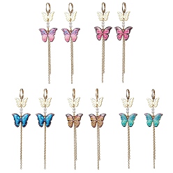 Mixed Color Alloy Butterfly Dangle Leverback Earrings, 304 Stainless Steel Chains Tassel Earrings, Mixed Color, 90x22mm