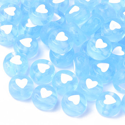 Светло-Голубой Прозрачные акриловые бусины, плоский круглый с белым сердцем, Небесно-голубой, 7x3.5 мм, отверстие : 1.8 мм, Около 3700 шт / 500 г