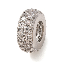 Clear Brass Pave Cubic Zirconia European Beads, Large Hole Beads, Flat Round, Platinum, Clear, 4x10mm, Hole: 4.5mm