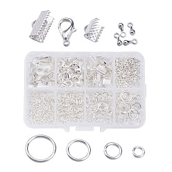Silver 1Box Jewelry Findings 20PCS Alloy Lobster Claw Clasps, 45PCS Iron Ribbon Ends, 40g Brass Jump Rings, 10g Alloy Teardrop End Pieces, Silver Color Plated, Lobster Clasps: 14x8mm, Hole: 1.8mm, Ribbon Ends: 8~13x6~7x5mm, Hole: 2mm, Jump Rings: 4~10mm, End Piece: 7x2.5mm, Hole: 1.5mm