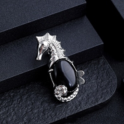 Обсидиан Подвески из натурального обсидиана с морскими животными, сплав морской конек драгоценные камни подвески, платина, 37x20 мм