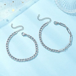 Нержавеющая Сталь Цвет 2 шт. 304 Наборы браслетов из нержавеющей стали: цепочки Фигаро и кубинские цепочки для женщин, цвет нержавеющей стали, 7.20~7.68 дюйм (18.3~19.5 см)