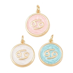 Cancer Brass Enamel Pendants, Flat Round & Constellation Charms, Rack Plating, Long-Lasting Plated, Cadmium Free & Lead Free, Golden, Cancer Charms, 17.5x15x2mm, Hole: 3mm