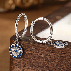 Silver Vintage 925 Sterling Silver Hoop Earrings, Flat Round, with Cubic Zirconia, Silver, 19x6mm