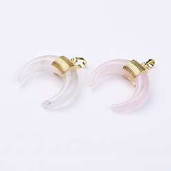 Розовый Кварц Природного розового кварца подвески, с латунной фурнитурой золотого цвета, двойной рог / полумесяц, 32~34x30~33x8.5 мм отверстие: 5x7 мм