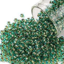 (755) 24K Gold Lined Light Aqua Круглые бусины toho, японский бисер, (755) 24 к золотой подкладке светло-голубой, 8/0, 3 мм, отверстие : 1 мм, Около 220 шт / 10 г