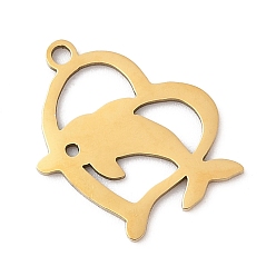 Настоящее золото 18K 201 прелести нержавеющей стали, сердце с подвеской в виде дельфина, лазерная резка, реальный 18 k позолоченный, 14x19x1 мм, отверстие : 1.4 мм