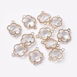 Clear Glass Links connectors, with Eco-Friendly Alloy Open Back Berzel Findings, Faceted, Flower, Light Gold, Clear, 15.5x12x4mm, Hole: 1.4mm