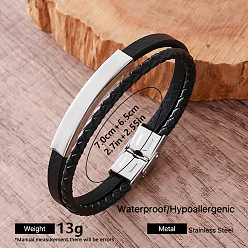 Stainless Steel Color Vintage 304 Stainless Steel Imitation Leather Bracelets for Men, Hip Hop Style Jewelry, Black, Stainless Steel Color, Inner Diameter: 2.76 inch(7cm)