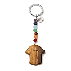Tiger Eye Natural Tiger Eye Chakra Keychain, with Iron Split Key Rings and Flat Round Alloy Charms, Hamsa Hand, 11.5cm