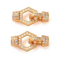 Настоящее золото 18K 925 Складчатые застежки из стерлингового серебра с микропаве из прозрачного кубического циркония, шестиугольник, реальный 18 k позолоченный, 19.5 мм, hexgon: 13x11.5x5.5 мм, застежка : 10x6.5x5.5 mm