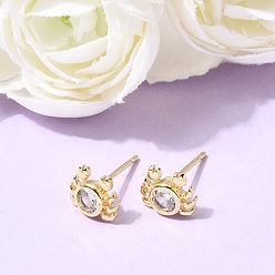 Настоящее золото 18K Серьги-гвоздики из латуни с микропаве и прозрачными кубическими циркониями в форме краба., без кадмия и без свинца, долговечный, стойки покрытие, реальный 18 k позолоченный, 7x9 мм