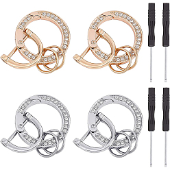 Platinum & Golden 2 Sets 2 Colors  Zinc Alloy Crystal Rhinestone Spring Gate Rings, with D Rings & Screwdriver, Platinum & Golden, 35x35mm, 2 sets/color