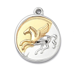 Золотой & Цвет Нержавеющей Стали Двухцветные 304 подвески из нержавеющей стали, Плоская круглая форма с подвеской в виде пегаса., ионное покрытие (ip), долговечный, золотые и нержавеющая сталь цвет, 23x18x3 мм, отверстие : 1.4 мм