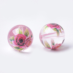 Pink Printed & Spray Painted Transparent Glass Beads, Round with Flower Pattern, Pink, 8~8.5x7.5mm, Hole: 1.4mm