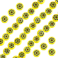 Желтый 4 Нити плоских круглых бусин из стекла миллефиори ручной работы, один цветочный дизайн, желтые, 6x2.5 мм, отверстие : 1 мм, около 64~68 шт / нитка, 14.5~15.1'' (36.83~38.1 см)