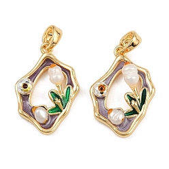 Темная Орхидея Латунь эмаль подвески, с натуральной жемчужиной, реальный 18 k позолоченный, самородки с цветочным шармом, темные орхидеи, 21x15x5 мм, отверстие : 5x3 мм