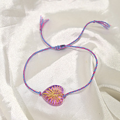 Violet Boho Handmade Lampwork Heart Adjustable Braided Cotton Cord Bracelets for Women, Violet, 11.02 inch(28cm)